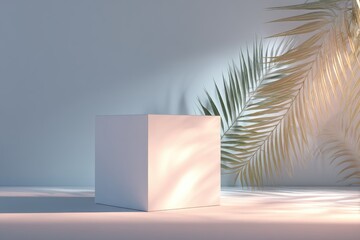 A minimalist scene features a white cube on a pale surface, bathed in soft light filtering through palm fronds casting gentle shadows