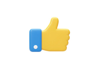 3D Render of Yellow Thumbs Up Hand Gesture with Blue Accent on Transparent Backdrop