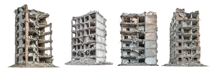 Set of destroyed multi-story buildings isolated on transparent background PNG