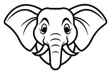 Cartoon elephant head outlined showcases large ears and curved trunk with cute eyes