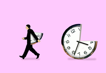 Businessman walking with a slice of a clock on a pink background symbolizing time management and deadlines