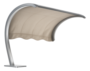 Cantilevered pergola with a curved design, providing unique aesthetics to a lakeside cottage.