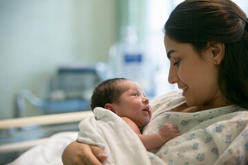 Fototapeta premium Loving Mother Cradling Her Newborn in a Calm Hospital Room