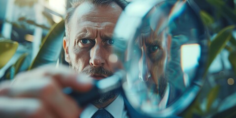 Businessman looking through a magnifying glass, searching, monitoring the situation, Generative AI.