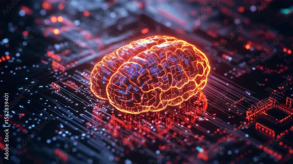 Poster A computer chip with a glowing brain, suitable for illustrations about technology and innovation