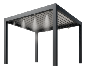 Large pergola with integrated misting system, designed for cooling a public park seating area.