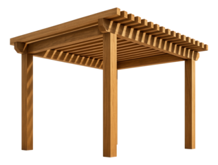 Wooden pergola with a slatted roof, designed for a cottage terrace to allow dappled sunlight.