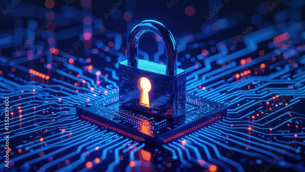 Poster digital padlock securing futuristic circuit board with glowing blue and orange data streams