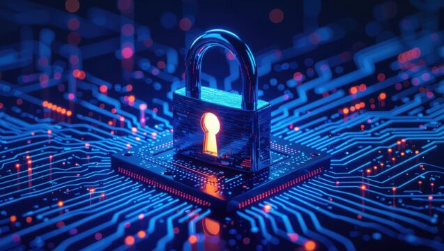 Digital padlock securing futuristic circuit board with glowing blue and orange data streams - Powered by Adobe