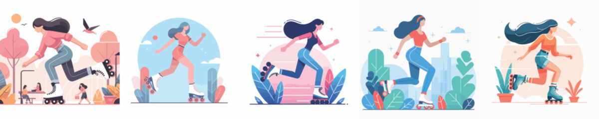 vector woman playing roller skates