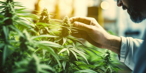 Close-up of a cannabis researcher's hands in a laboratory. Generative AI.