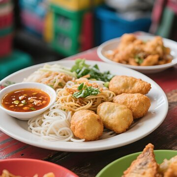 4k high quality Ai generative HD photo realistic store business menu sell selling restaurant Indonesia food fish cake pempek palembang ball noodle vermicelli bihun goreng platter lenjer bulat tekwan