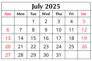 July 2025 ENGLISH month calendar. png transparent illustration