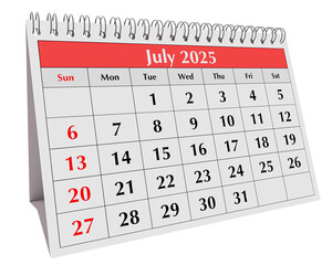 July 2025 calendar. Page of annual business desk month summer calendar isolated on transparent