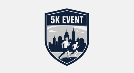 Shield emblem design for 5k running event featuring city skyline and runners