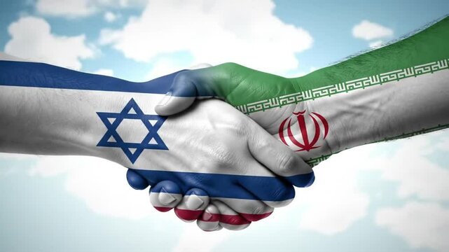 handshake with illustration of israeli and iranian flags