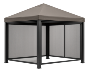 Compact gazebo with retractable side panels and a polyester roof for a suburban backyard.