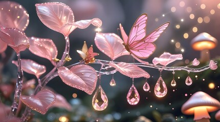 a magical pink vine twirling around a crystal branch 