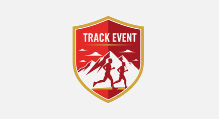 Obraz premium Shield emblem representing an outdoor mountain track event with runners in action