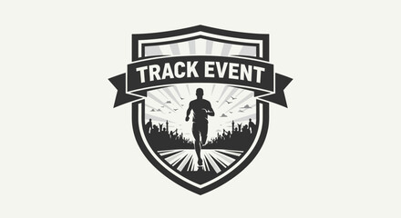 Obraz premium Silhouette of Runner in Track Event Badge with Crowds and Ribbon Banner