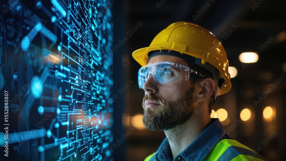 Poster skilled engineer in protective gear examines complex digital circuitry display with intense focus