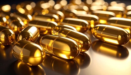 Yellow omega-3 fish oil capsules and cod liver oil pills are healthy dietary supplements