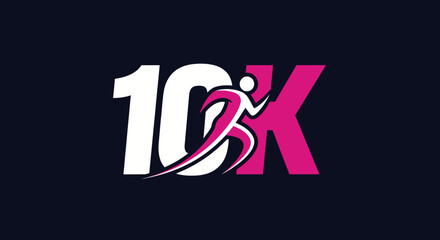 Dynamic 10k race logo design featuring a running figure with modern typography and bold colors