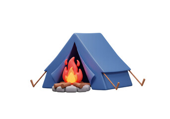 Campfire Ignites Near Blue Tent Under Night Sky in 3D Rendering Illustration