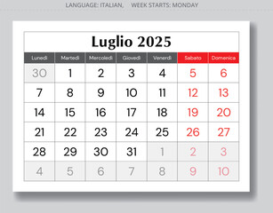Italian page of calendar for month july 2025. Vector illustration. Italy