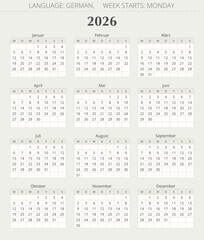 GERMAN modern calendar for 2026 year. Vector illustration Germany (germanic kalender)