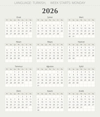 2026 year turkish calendar. Modern vector illustration Turkey
