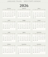 2026 year vector calendar. Italian.  Illustration for Italy - Calendario