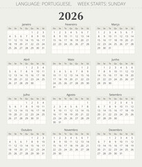 PORTUGUESE calendar for 2026 year. Vector illustration for Portugal. Week starts sunday