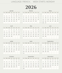 2026 year french calendar. Vector illustration France. Francais calendrier