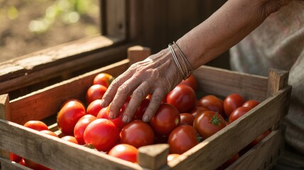Elderly caucasian female hand picking fresh tomatoes from wooden crate