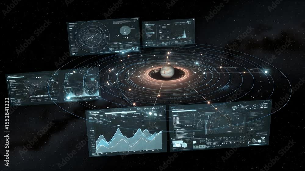 Poster futuristic holographic displays depicting planetary systems and data visualizations