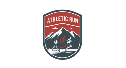 Fototapeta premium stylized emblem featuring three runners racing in front of mountain peaks with the text athletic run