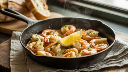 Sizzling shrimp in garlic butter sauce with lemon and fresh herbs in skillet