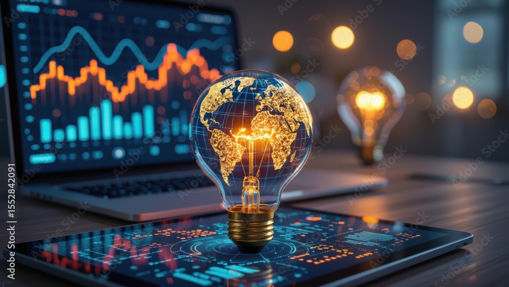 Aufkleber global innovation concept featuring a lightbulb with earth map and digital data displays