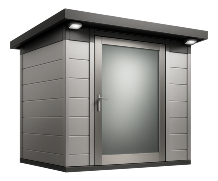 A security-enhanced shed with motion sensor lights, suitable for protecting valuable items in an upscale suburban home.