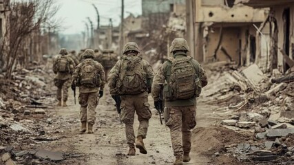 Group of soldiers marching down a dusty road, possibly in a military exercise or tactical training - Powered by Adobe