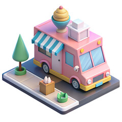Isometric Summer Ice Cream Truck In City Street
