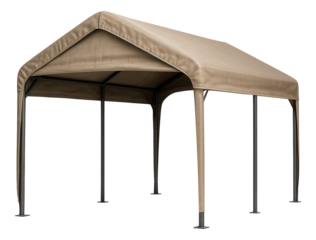 A canvas carport garage with metal frame supports, suitable for a temporary setup in a rural area.