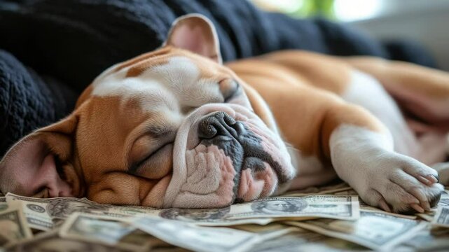 A dog rests on top of a stack of cash, a humorous scenario