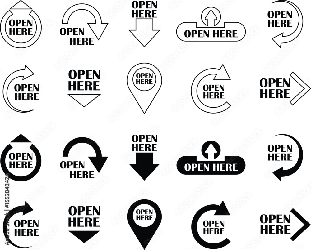 Poster open here icon set flat and line styles. open here sticker with text and directional arrows for pack