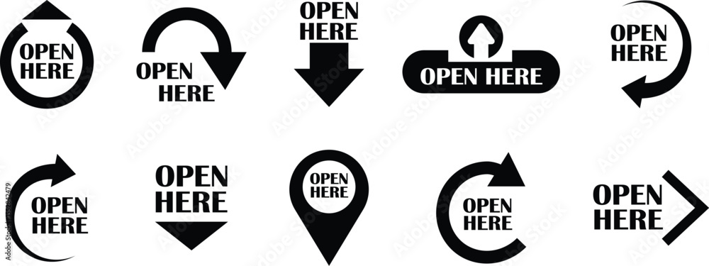 Poster open here icons vectors set flat styles. open here sticker with text and directional arrows for pack