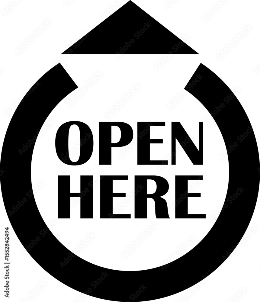 Poster open here icon vector flat style. open here sticker with text and directional arrow for package desi