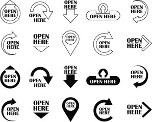Open here icon set flat and line styles. Open here sticker with text and directional arrows for package designs. Special tag on box. Guidance or opening instruction isolated on transparent background.