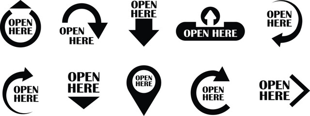 Open here icons vectors set flat styles. Open here sticker with text and directional arrows for package designs. Special tag on box. Guidance or opening instruction isolated on transparent background.