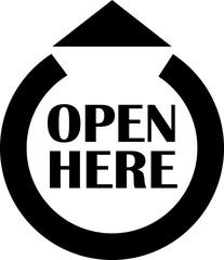 Open here icon vector flat style. Open here sticker with text and directional arrow for package design. Special tag on box. Guidance or opening instruction isolated on transparent background.
